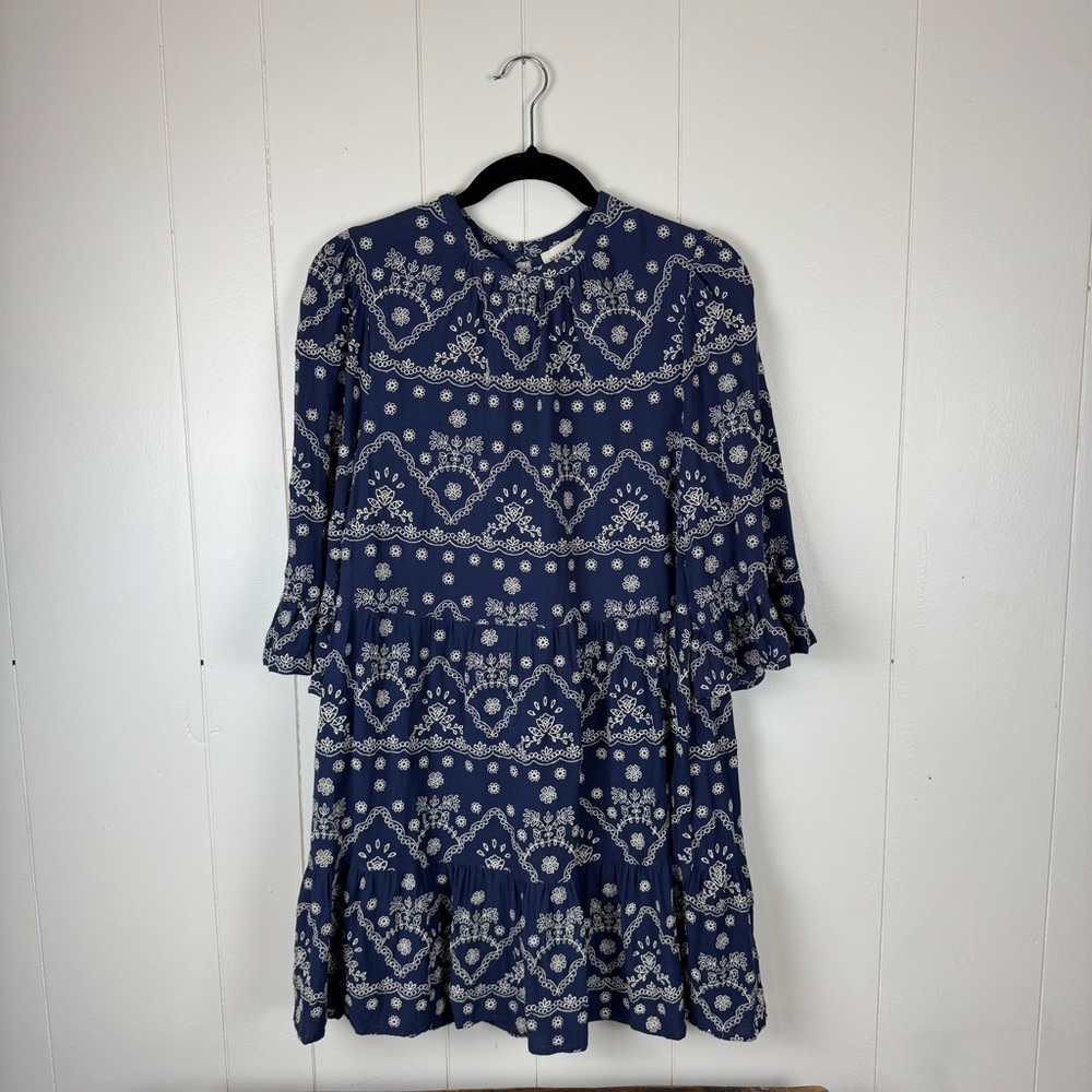 Penelope Rose Navy Blue Embroidered Boho Dress XL 3/4 Sleeve